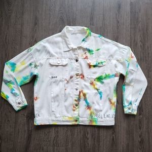 Wren + Glory 'tie dye fun' white denim jacket, lightweight, size large